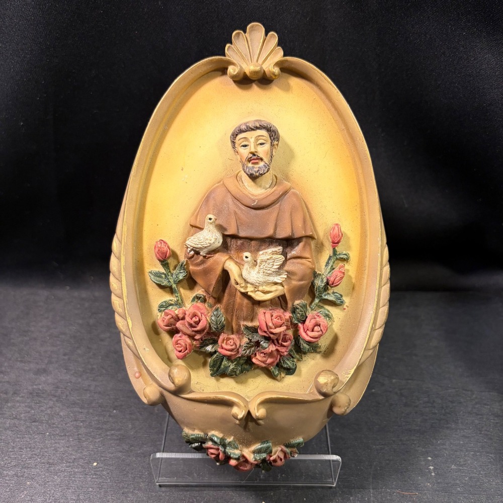 Vintage Saint Francis of Assisi Holy Water Font Doves and Roses Religious Decor